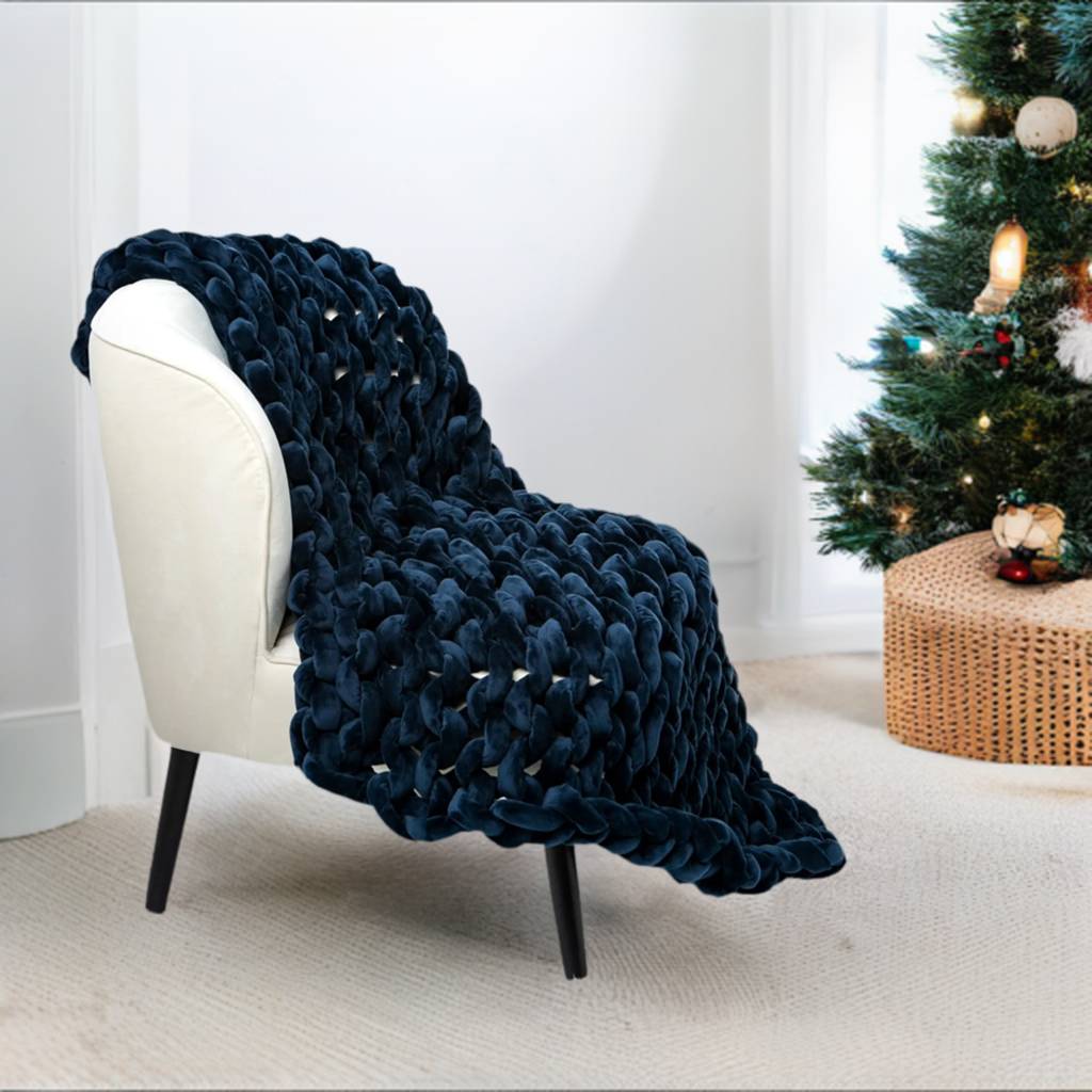 Blue Blanket | Chunky Knit Weighted Blanket | Handmade Stress Relief Blanket | Luxury Cozy Throw for Relaxation and Sleep | 14 lbs