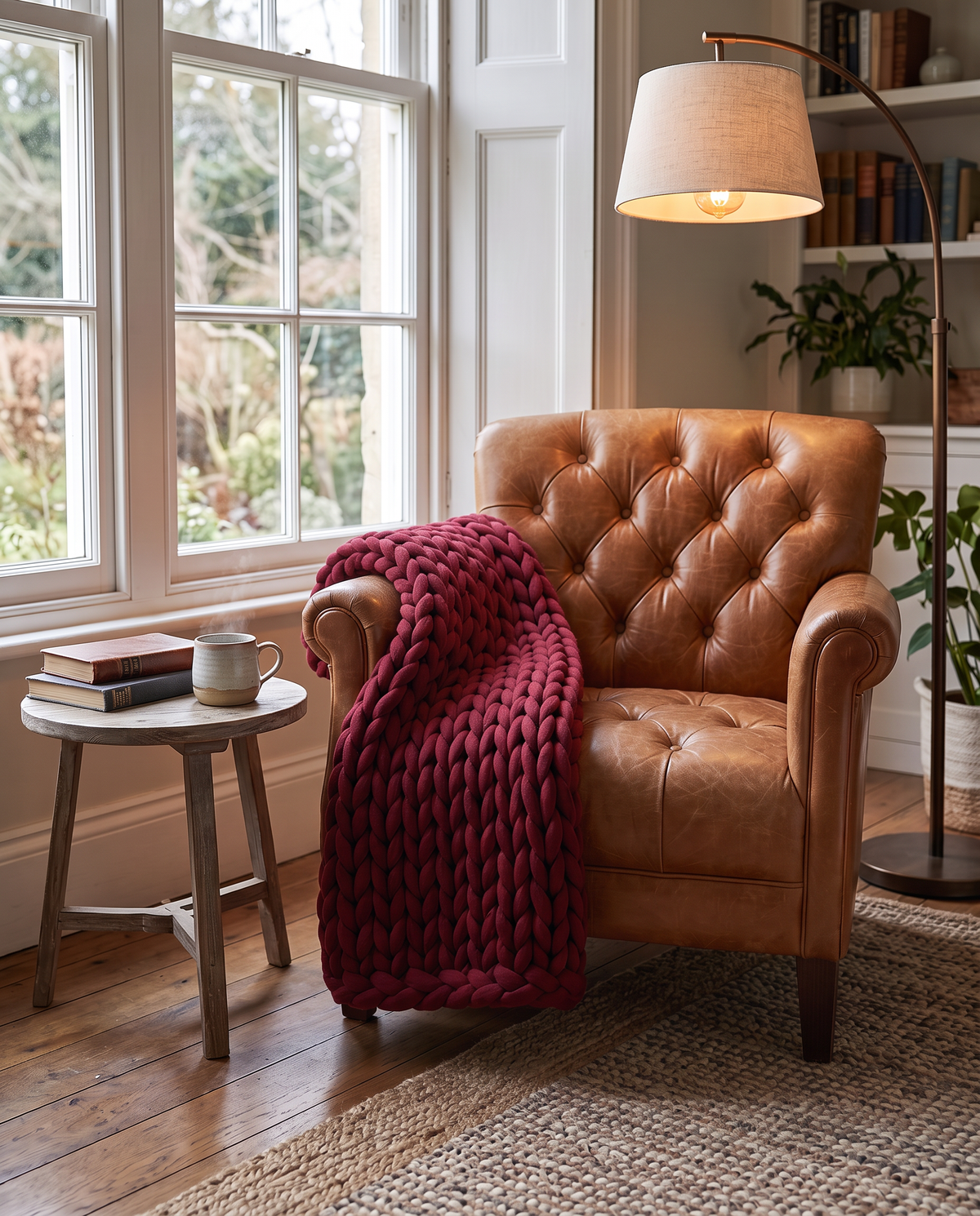 Burgundy chunky knit weighted blanket on a camel leather armchair beside a window and lamp