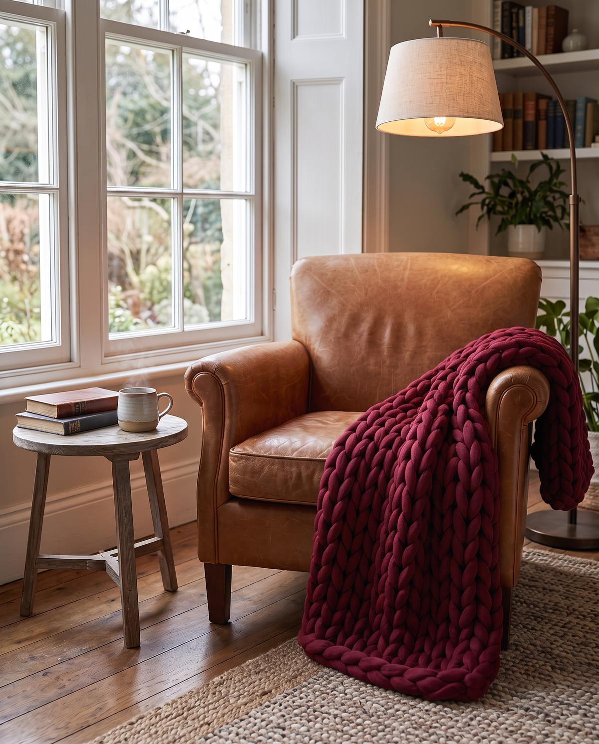 Burgundy chunky knit weighted blanket draped over a leather armchair in a reading nook