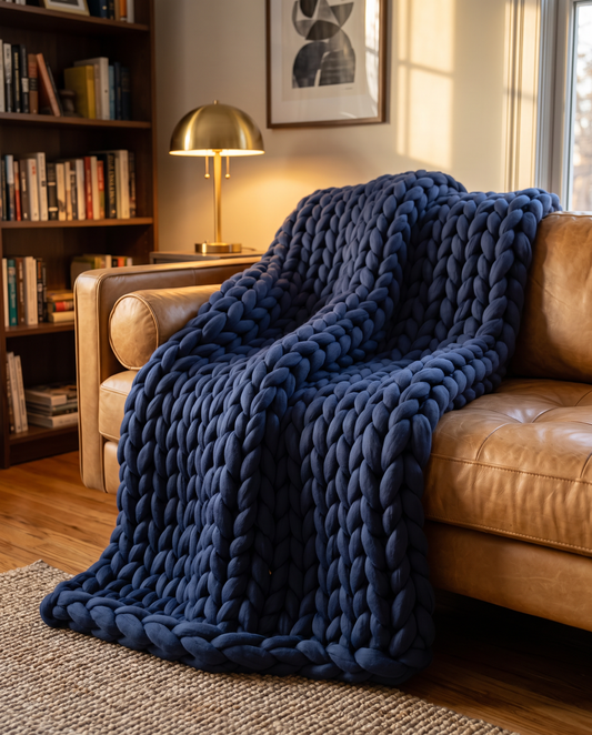 Navy blue chunky knit weighted blanket draped over a tan leather sofa in a cozy home den