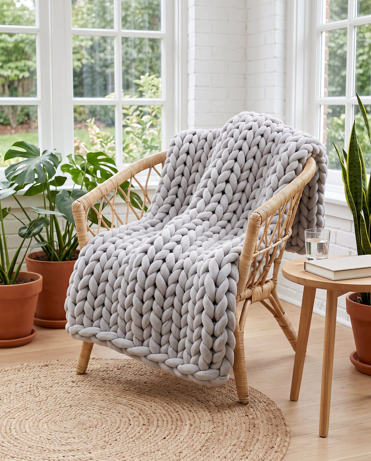 Light grey chunky knit weighted blanket on a woven chair beside a side table and plants