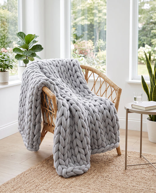 Light grey chunky knit weighted blanket draped over a rattan chair in a bright sunroom