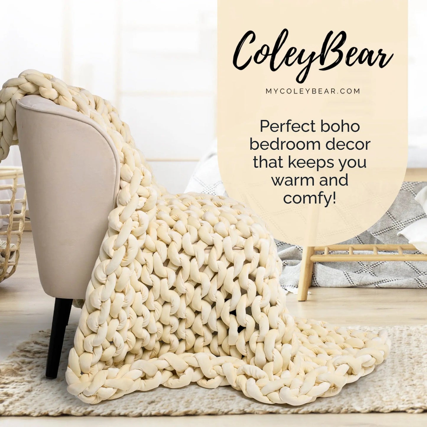 ColeyBear Chunky Knit Weighted Blanket for Anxiety (Cream) ColeyBear