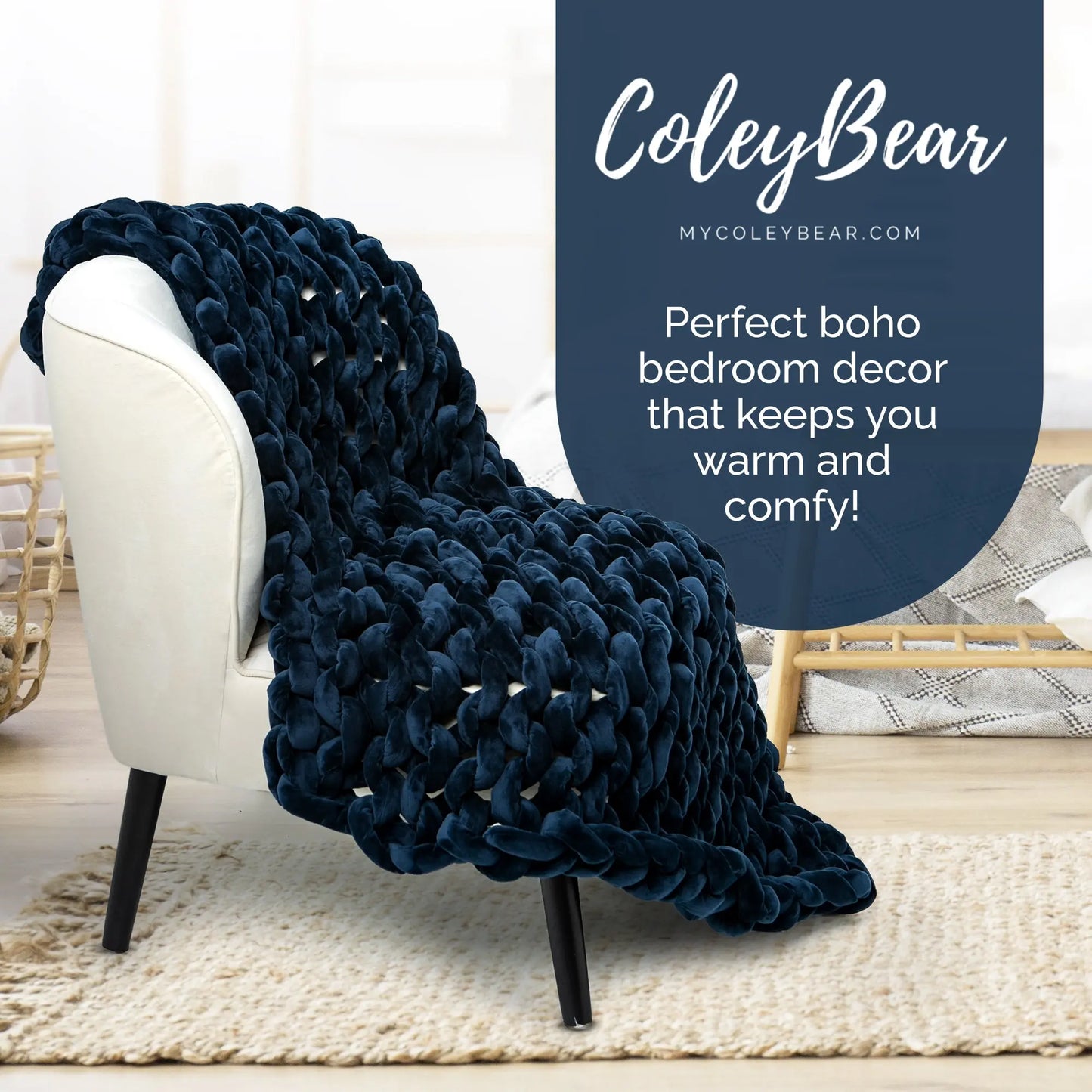 ColeyBear Chunky Knit Weighted Blanket for Anxiety (Navy Blue) ColeyBear