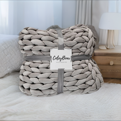 ColeyBear Full/Queen Size Light Grey Chunky Knit Weighted Blanket