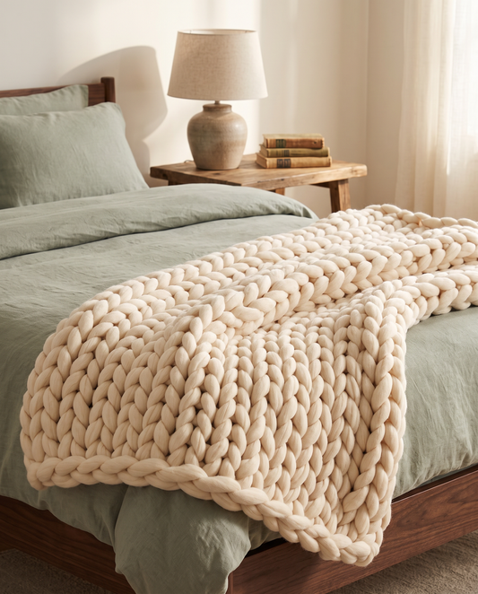 Cream chunky knit weighted blanket draped across the foot of a bed with sage-green bedding