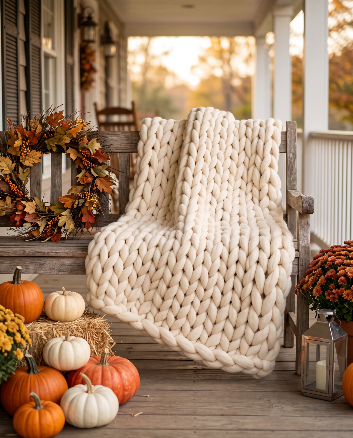 Cream chunky knit weighted blanket on a farmhouse bench on a fall porch with pumpkins and hay bales