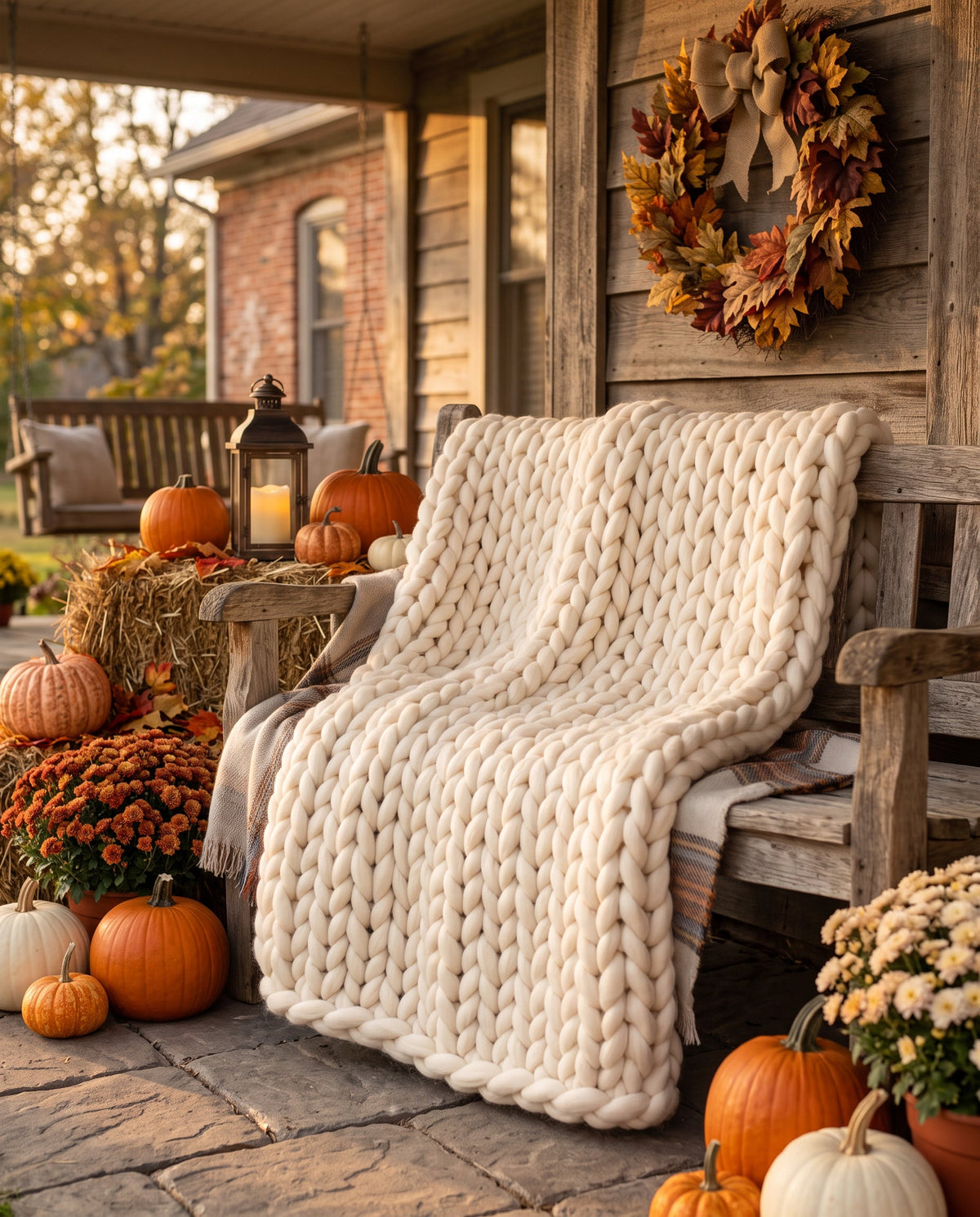 Cream chunky knit weighted blanket on a farmhouse bench with a leaf wreath and chrysanthemums