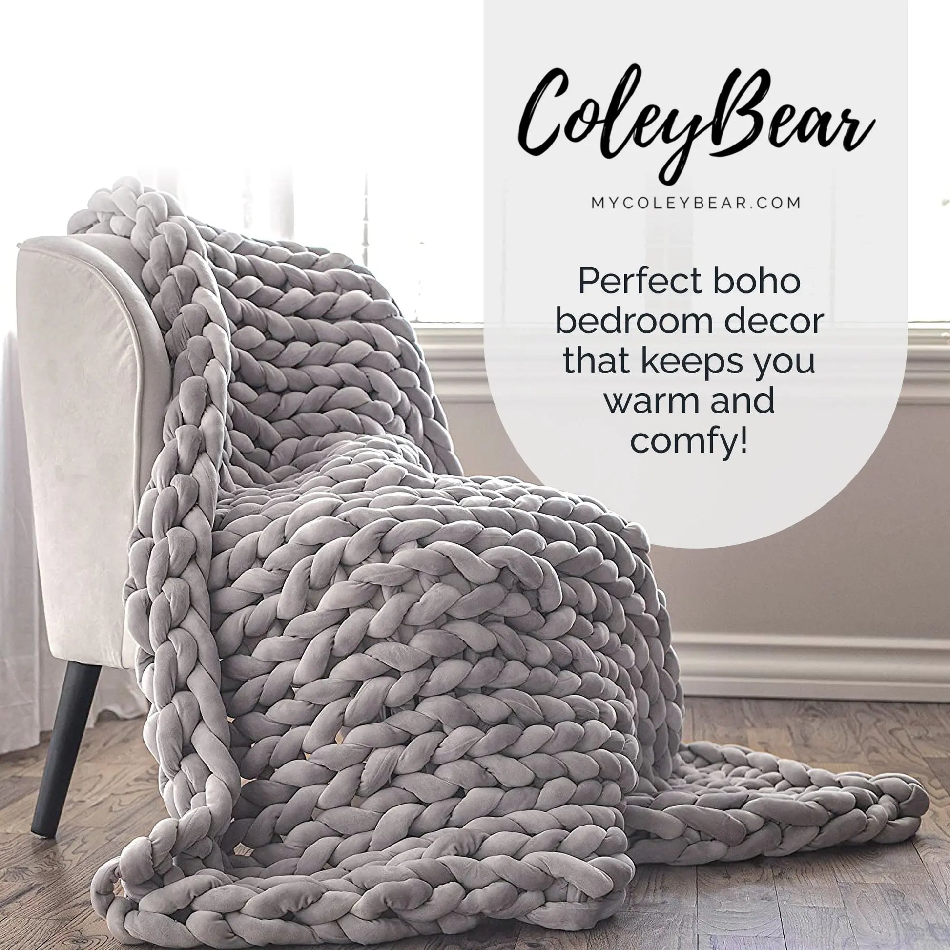 ColeyBear Chunky Knit Weighted Blanket for Anxiety (Light Grey) ColeyBear